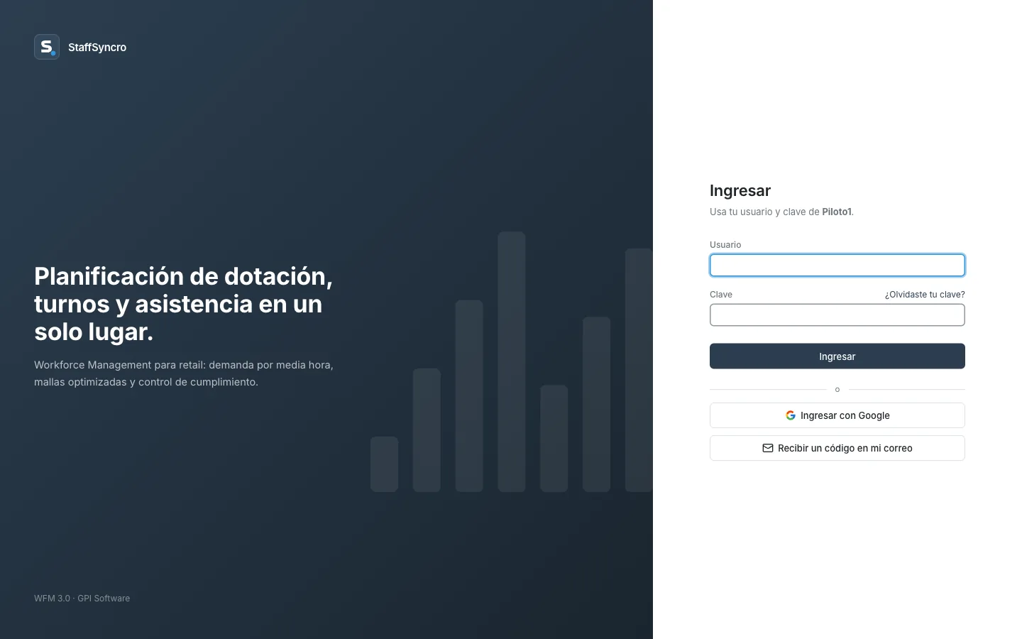 Pantalla de ingreso de la nueva versión de Staff Syncro